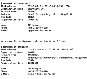 whois data from KRNIC showing 121.53.104.0 and 211.249.216.0 delegation details.