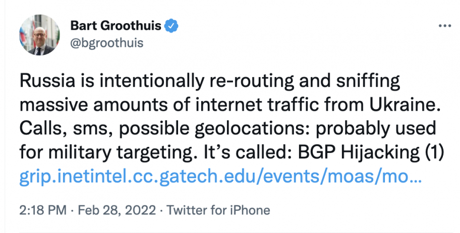 Russia is intentionally re-routing and sniffing massive amounts of internet traffic from Ukraine. Calls, sms, possible geolocations: probably used for military targeting. It’s called: BGP Hijacking (1)