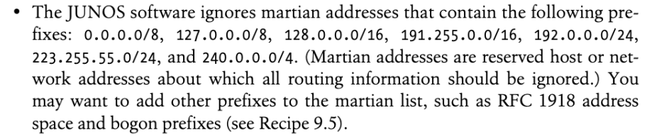 Screenshot of JunOS manual from 2005 showing explanation of “Martian vs Bogon