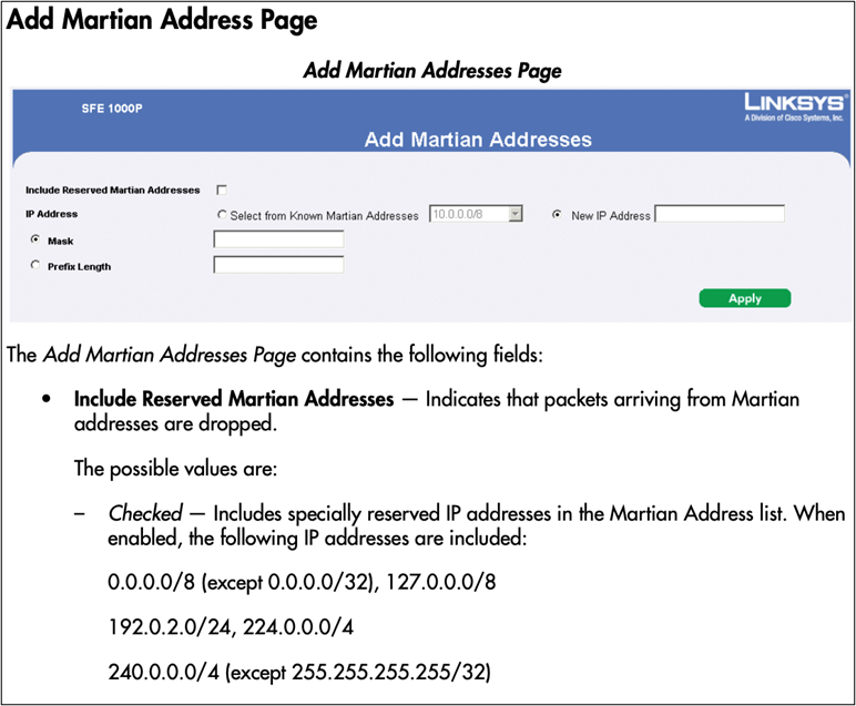 Screenshot of a Cisco-Linksys switch reference guide from 2008. It has the option to define “Martian Addresses”